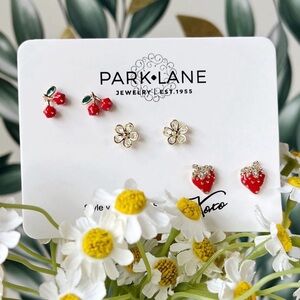 Park Lane 🍓 BERRILICIOUS Earrings Set of 3 Cherries Strawberries Daisies Gold
